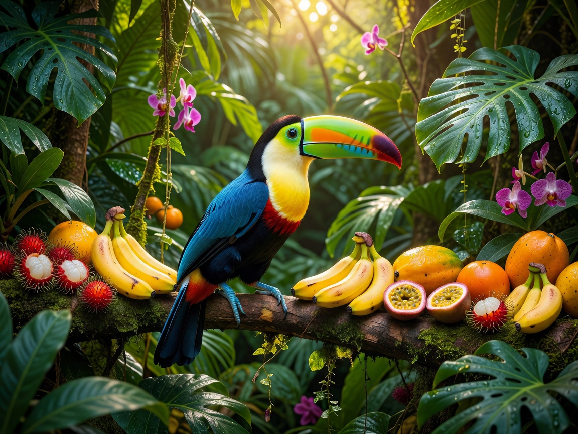 Colorful toucan with tropical fruit and bright jungle background
