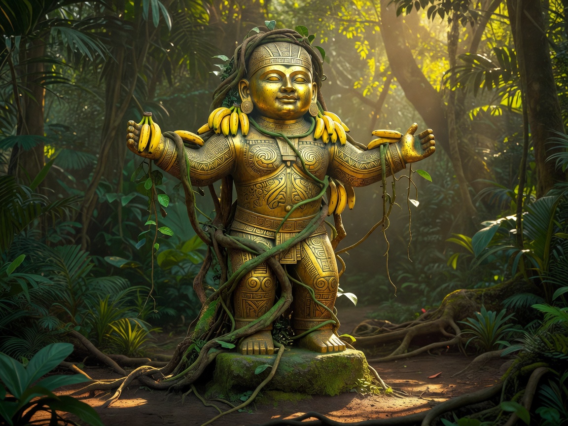 Golden jungle idol with bananas, vines, and tribal patterns