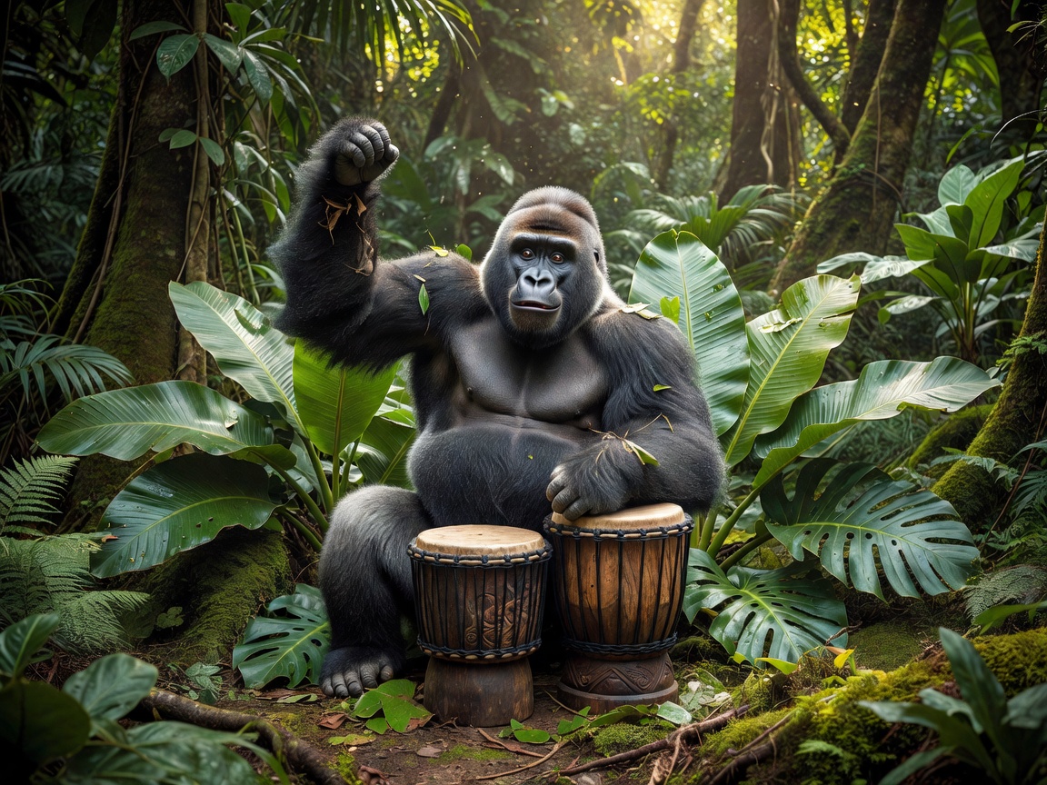 Playful gorilla with tropical leaves and jungle drums
